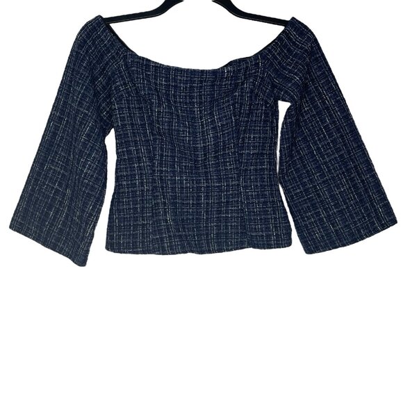 Zara Womens Top Size XS Tweed Textured Structured Off The Shoulder Flare Sleeves - Picture 2 of 7